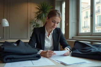 Femme d'affaires examine un reçu de vêtement dans un bureau parisien