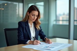 Femme d'affaires signant un contrat dans un bureau moderne