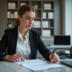 Femme d'affaires examine un avis d'imposition dans un bureau moderne