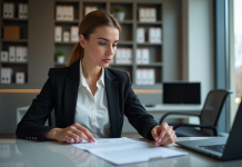 Prêt immobilier : pourquoi la banque exige avis d’imposition ? Femme d'affaires examine un avis d'imposition dans un bureau moderne