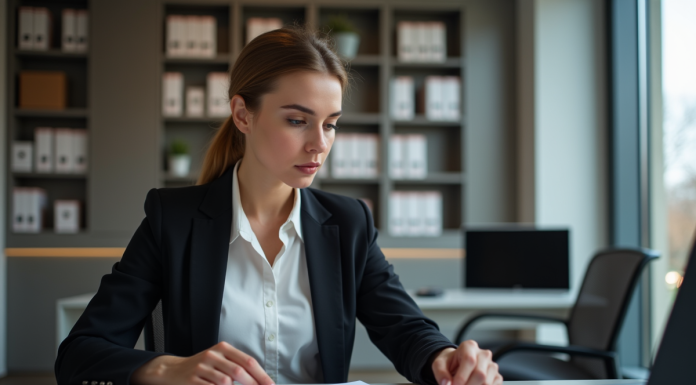 Femme d'affaires examine un avis d'imposition dans un bureau moderne