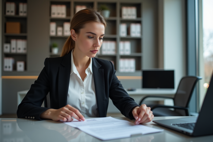 femme-avis-imposition-bureau Femme d'affaires examine un avis d'imposition dans un bureau moderne