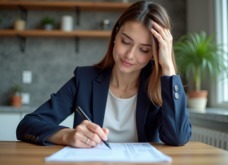 Taux d’endettement : quel seuil ne pas dépasser ? Comment le calculer ? Jeune femme en blazer bleu remplissant un budget
