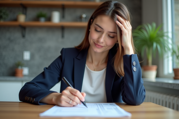 femme-budget-ordinateur Jeune femme en blazer bleu remplissant un budget