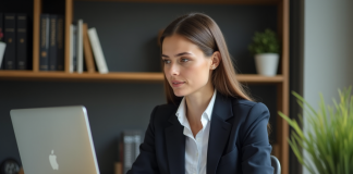 Débloquer compte bancaire : les étapes efficaces pour dégeler rapidement Femme en costume de bureau travaillant sur son ordinateur dans un espace organisé