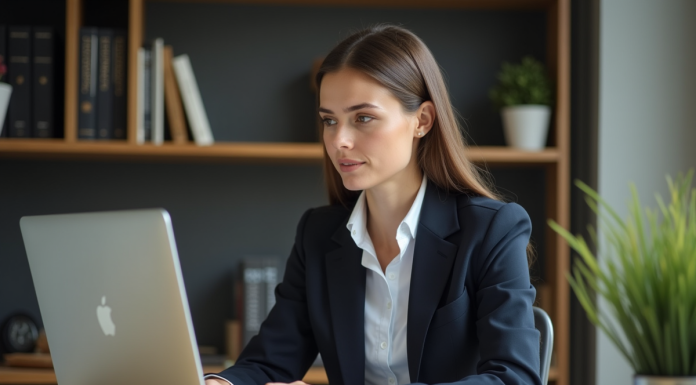 Femme en costume de bureau travaillant sur son ordinateur dans un espace organisé