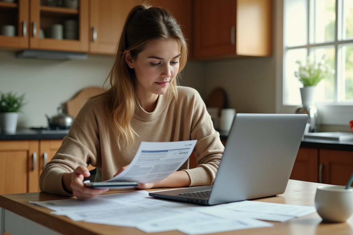 Jeune femme vérifiant ses comptes à la maison