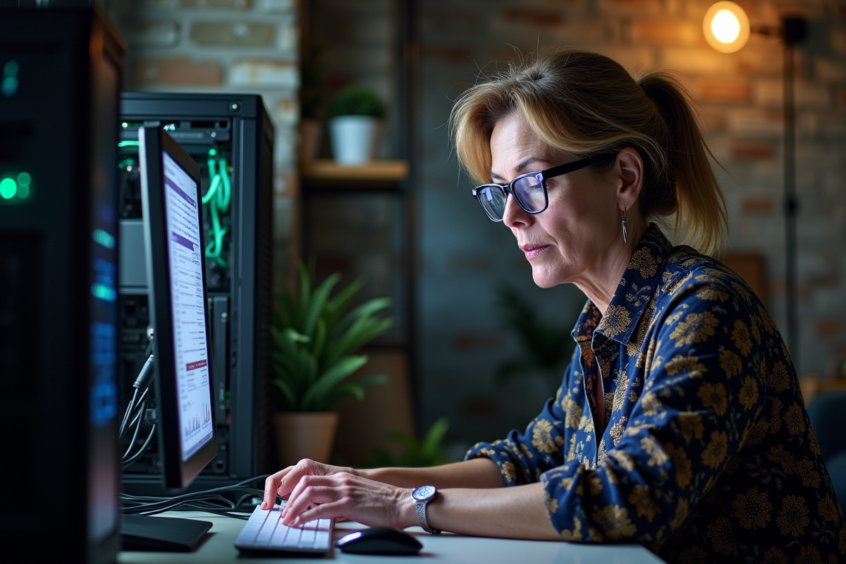 Femme de dos configurant un rig de minage bitcoin dans un bureau industriel