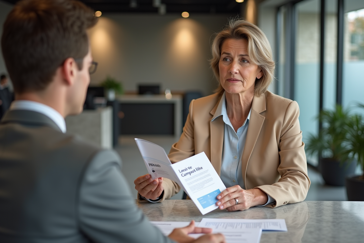 Femme professionnelle discutant avec un banquier dans une agence moderne