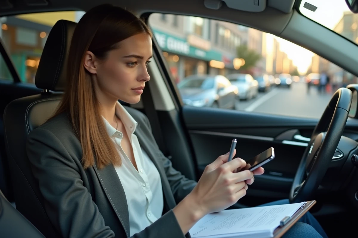 Jeune femme examinant un contrat dans une voiture en ville