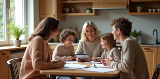 Femme française et ses enfants discutant chaleureusement