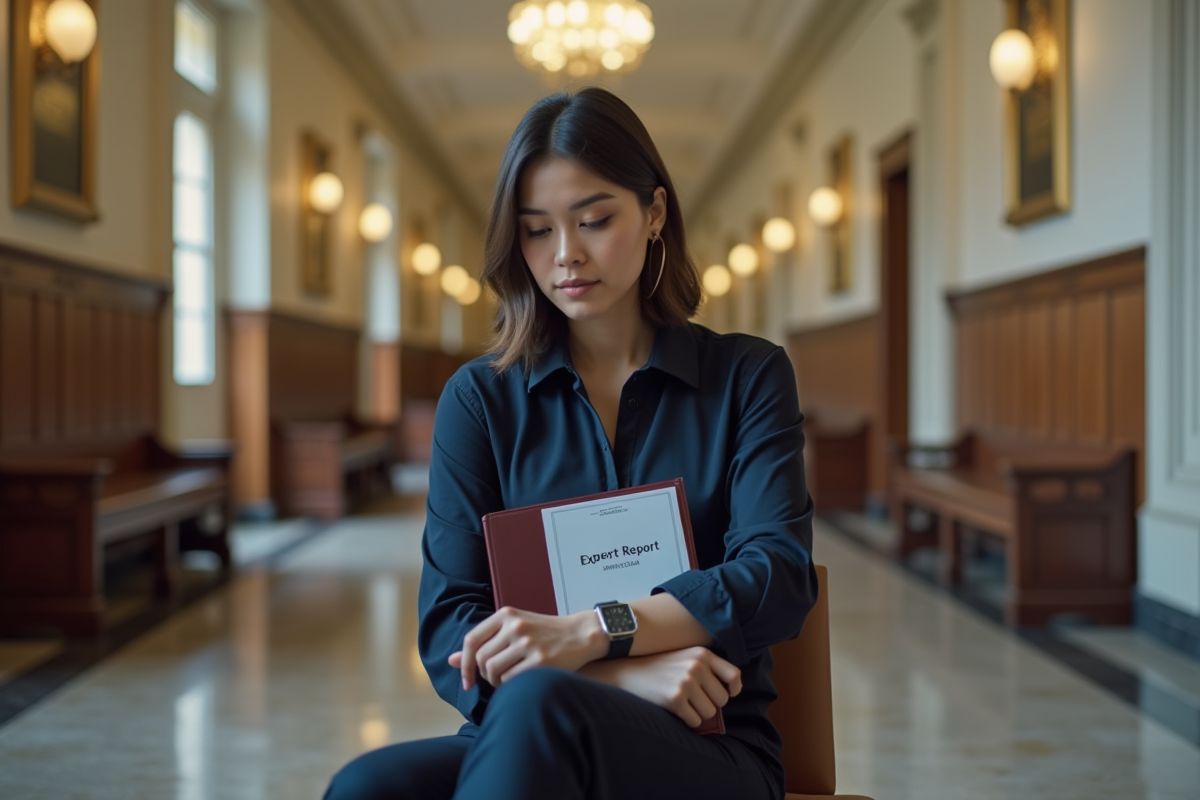 Jeune femme en hallway de tribunal vérifiant sa montre