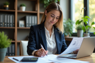 Femme professionnelle en bureau moderne avec calculatrice hypothécaire