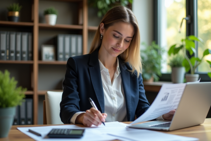 Femme professionnelle en bureau moderne avec calculatrice hypothécaire