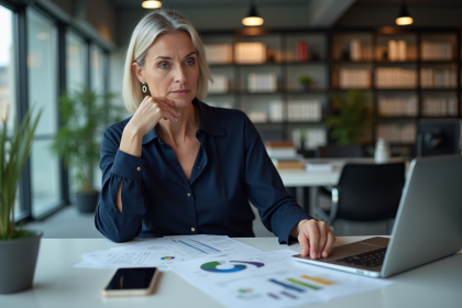 Femme réfléchissant dans un bureau moderne avec documents
