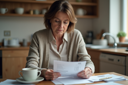 Femme d'âge moyen consulte un relevé bancaire à la maison