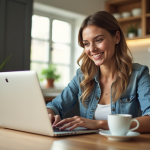 Femme souriante utilisant un ordinateur portable dans la cuisine