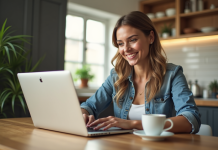 Femme souriante utilisant un ordinateur portable dans la cuisine