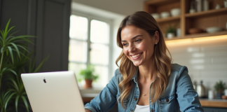 Femme souriante utilisant un ordinateur portable dans la cuisine