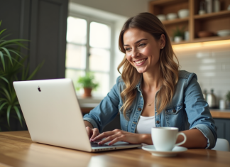 Femme souriante utilisant un ordinateur portable dans la cuisine