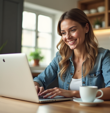 Femme souriante utilisant un ordinateur portable dans la cuisine