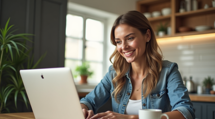 Femme souriante utilisant un ordinateur portable dans la cuisine