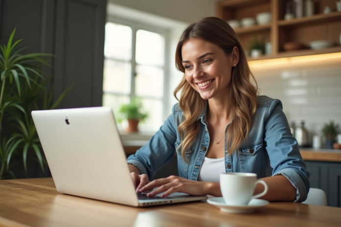 Femme souriante utilisant un ordinateur portable dans la cuisine
