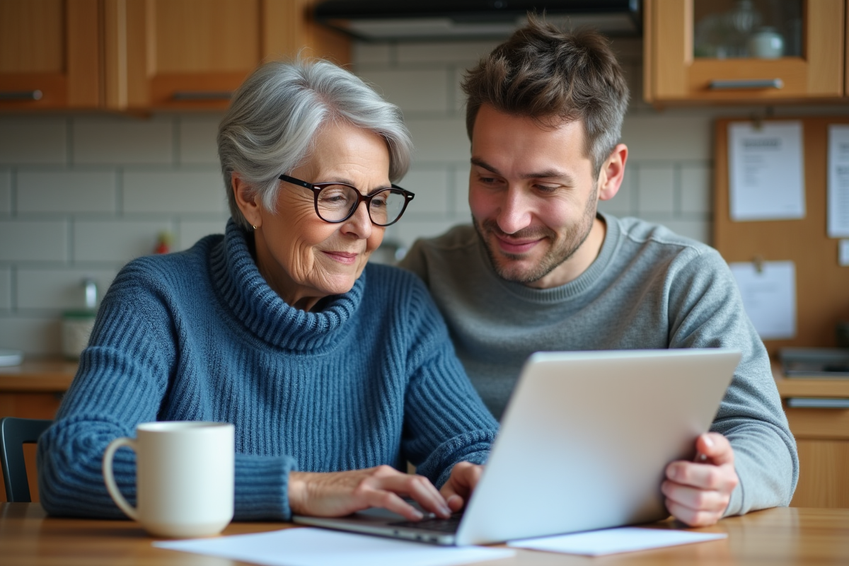 Femme et son fils discutant retraite à la maison
