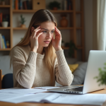 Femme pensant au travail à domicile dans un salon cosy