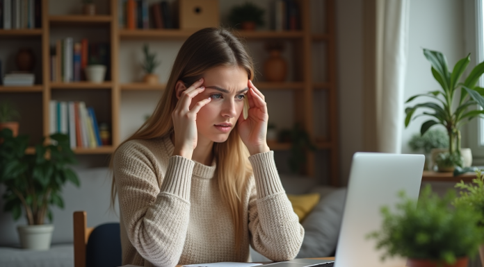 Femme pensant au travail à domicile dans un salon cosy