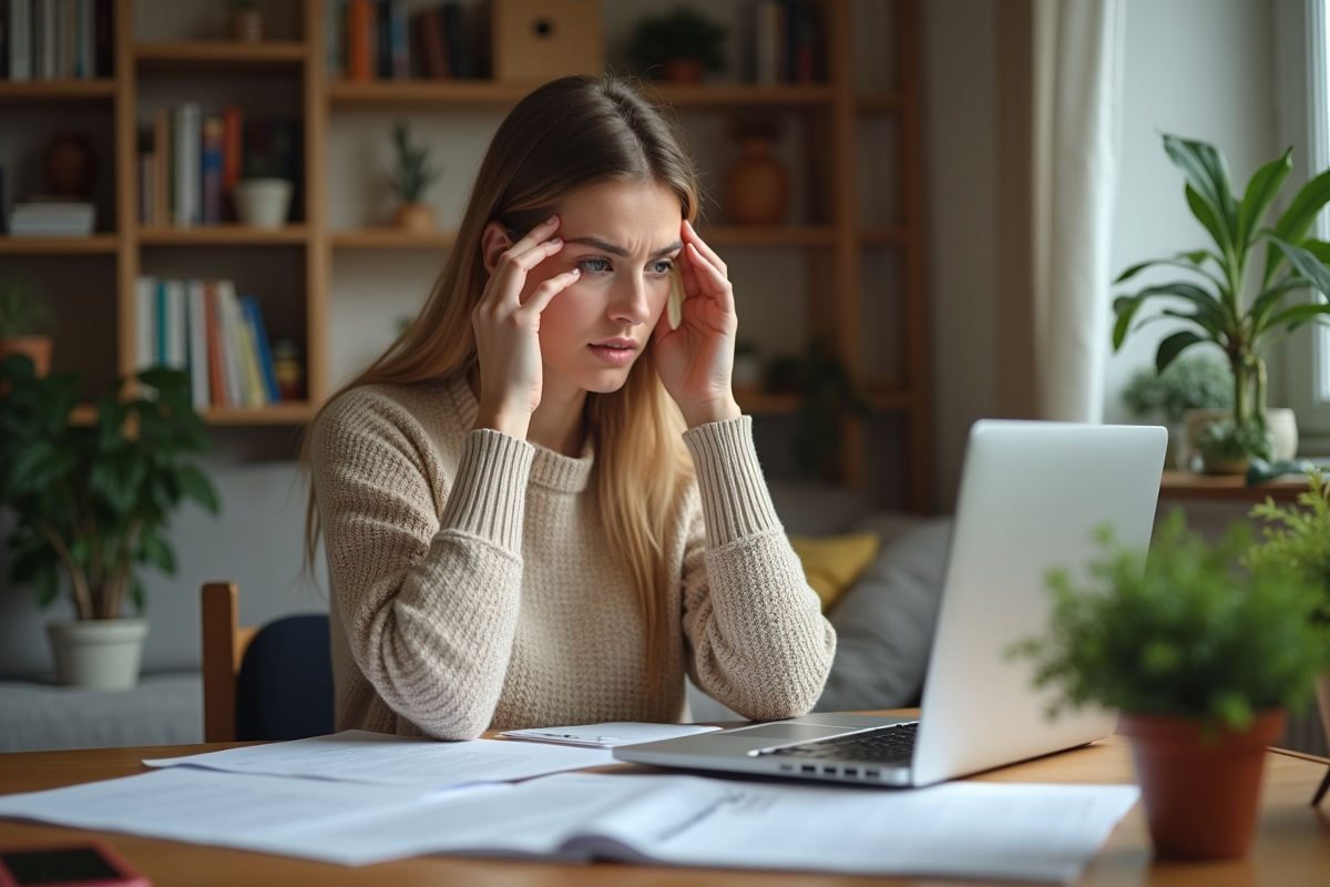Femme pensant au travail à domicile dans un salon cosy