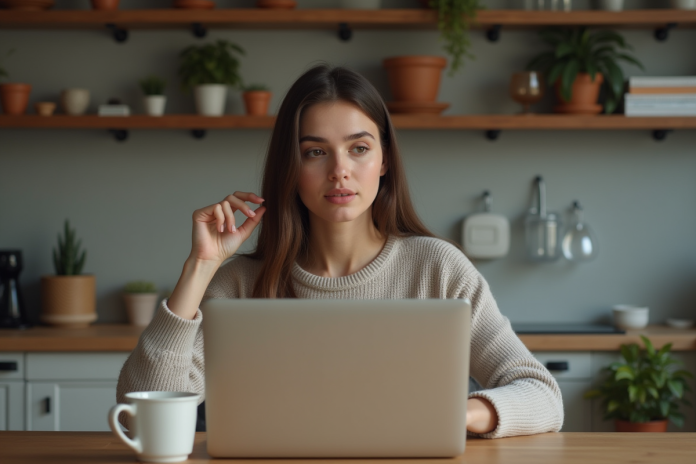 femme-travail-maison Jeune femme travaillant sur son ordinateur à la maison