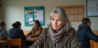 Femme remplissant des papiers dans un bureau social