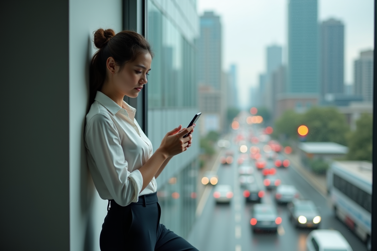 Jeune femme dans un bureau urbain regardant son téléphone