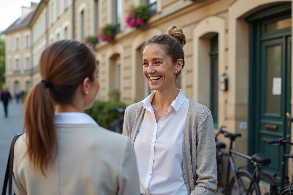 Femme discutant avec une assistante sociale devant une maison