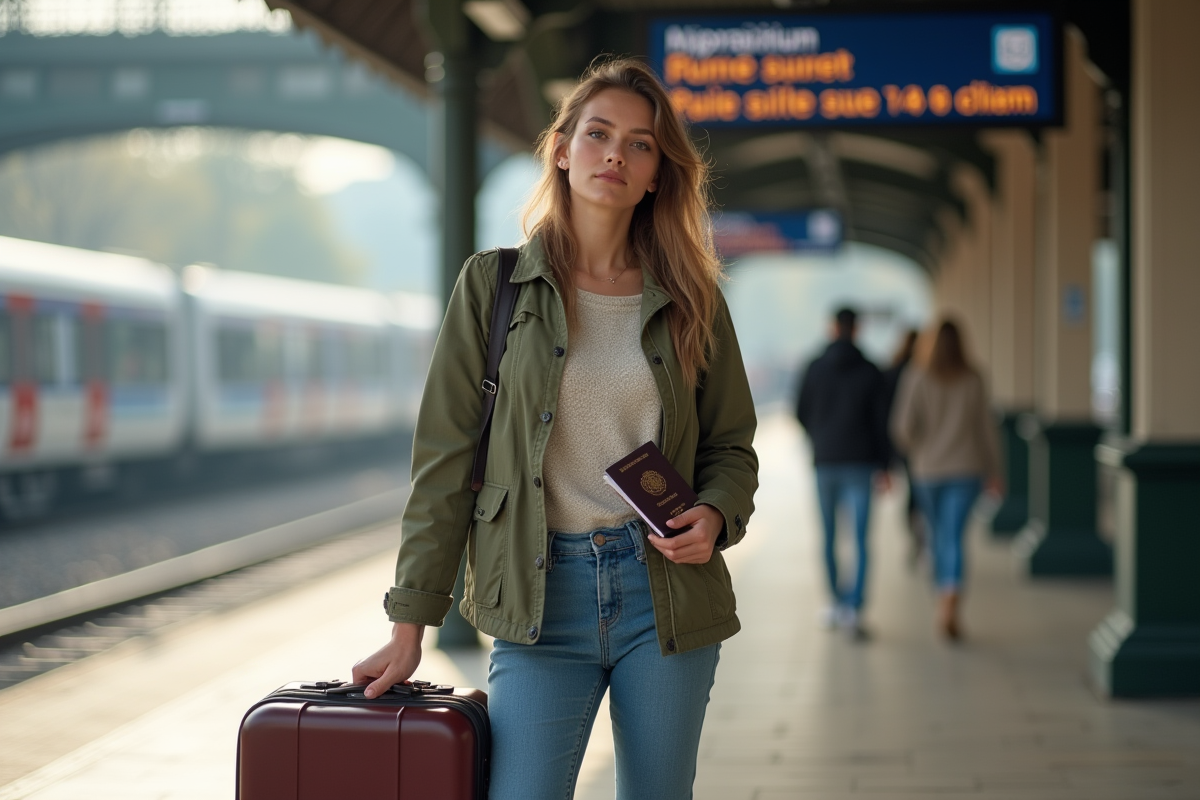 Jeune femme avec valise et passeport à la gare en voyage