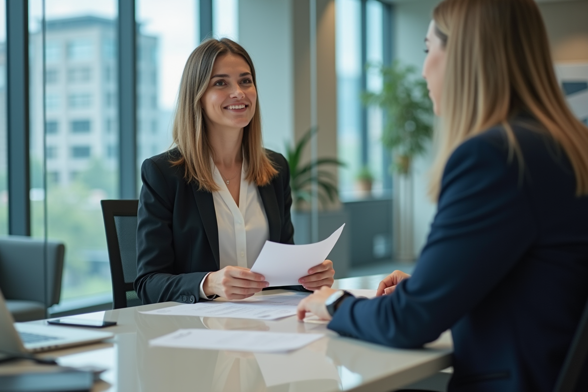 Jeune femme discutant avec un conseiller bancaire dans un bureau moderne