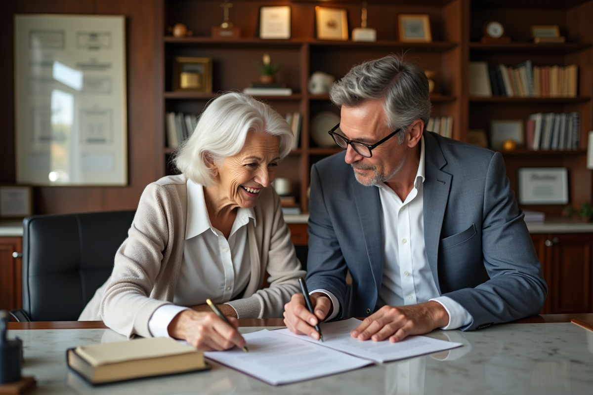 Fils et mère signant des papiers d