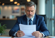 Homme d'affaires en costume bleu lisant des documents importants