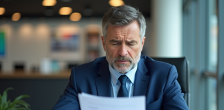 Homme d'affaires en costume bleu lisant des documents importants