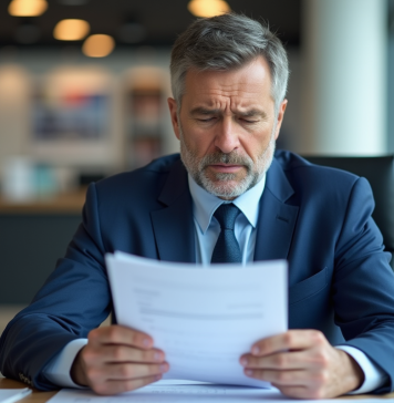 Homme d'affaires en costume bleu lisant des documents importants