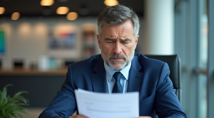 Homme d'affaires en costume bleu lisant des documents importants