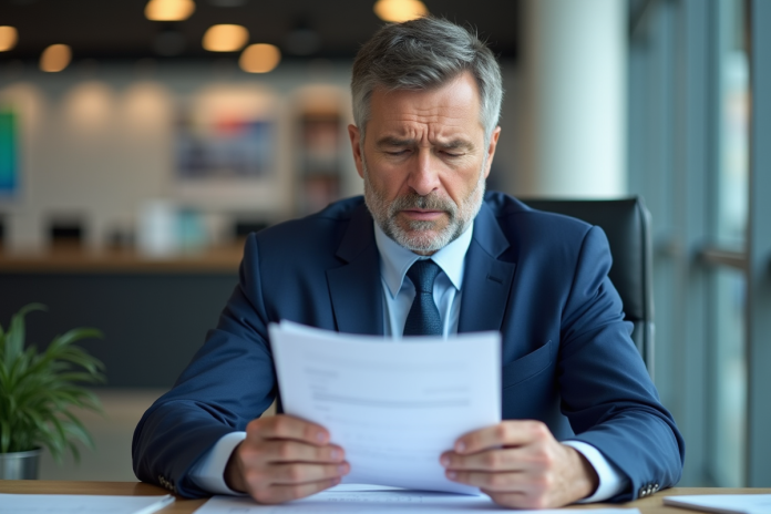 Homme d'affaires en costume bleu lisant des documents importants