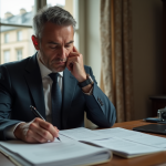 Homme d'affaires examinant des documents dans un appartement parisien