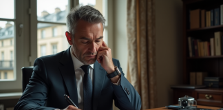 Homme d'affaires examinant des documents dans un appartement parisien