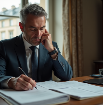 Impôts en France : durée autorisée pour séjourner sans payer? Tous les détails Homme d'affaires examinant des documents dans un appartement parisien