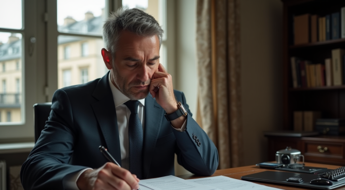 Homme d'affaires examinant des documents dans un appartement parisien