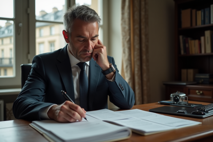 homme-affaires-paris-documents Homme d'affaires examinant des documents dans un appartement parisien