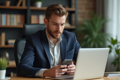 Homme d'affaires utilisant une application bancaire sur smartphone dans un bureau moderne