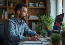 Investir en actions : pourquoi éviter cette stratégie en bourse ? Homme d'affaires regardant des graphiques boursiers en baisse